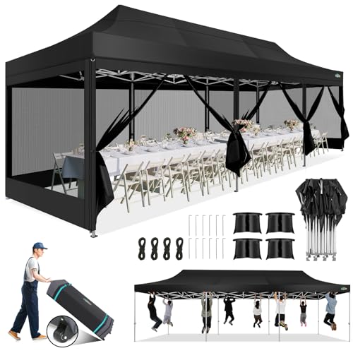 COBIZI 10x30 Canopy Tent, Heavy Duty Pop up Canopy with Sidewalls, Waterproof Easy Setup Canopy with Mosquito Netting, Outdoor Instant Screen Tents for Parties, Wedding with Roller Bag, Black - color: Black, size: 10x30ft