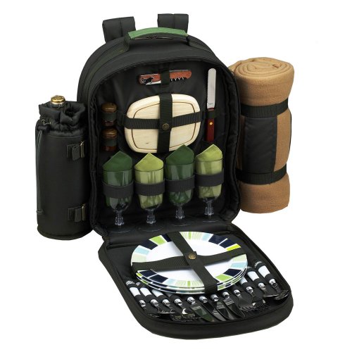 Picnic at Ascot - Deluxe Equipped 4 Person Eco Picnic Backpack with Cooler, Insulated Wine Holder & Blanket - Forest Green - color: Forest Green