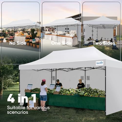 Quictent 10x20 Heavy Duty Pop up Canopy Tent with 3 Removable Sidewalls, Commercial Grade Instant Shelter with Wheeled Bag for Outdoor, Parties, Markets, 600D PU Coated UPF 50+ Sun Shield - color: Off White, size: 10x20