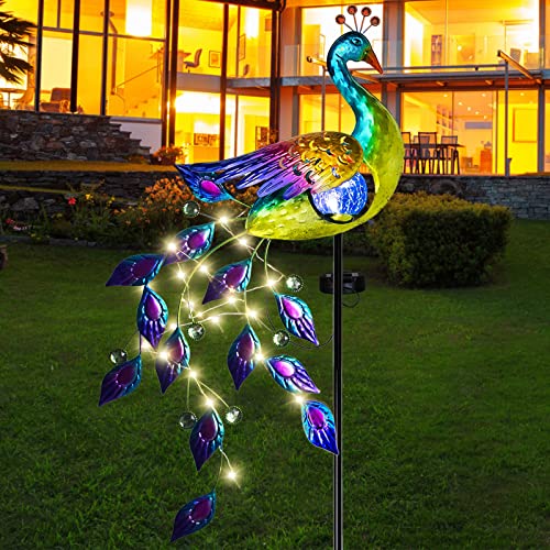 DREAMSOUL Solar Garden Lights Outdoor, Metal Peacock Decor Solar Lights Garden Stakes with Led String Lights, Waterproof Crackle Glass Ball Landscape Path Light for Lawn Patio - color: Multi-colored