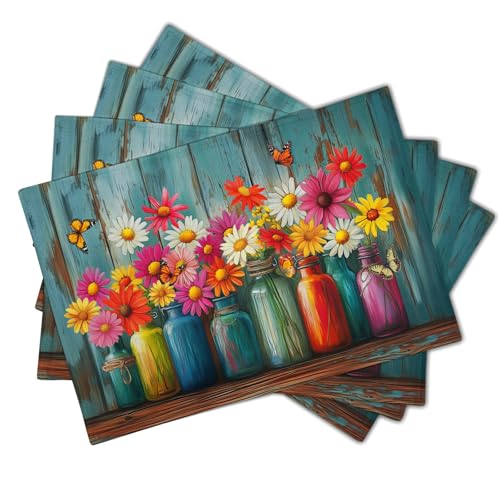 Colorful Daisy Flowers Placemat Set of 4, 12x18 Inch Floral Vase Botanical Rustic Linen Washable Table Mats for Farmhouse Dining Kitchen Picnics Outdoor Indoor Tablescapes Decor - color: Colorful Daisy Jar