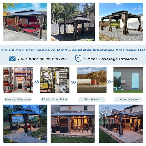 Domi 12' x 20' Hardtop Gazebo Permanent Metal Gazebo with Galvanized Steel Double Roof, Curtains and Netting for Party, Wedding, Outdoor Dining, Patio, Backyard, Brown - color: Brown, size: 12'×20' Double Roof