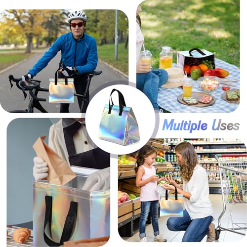 FoldTier 100 Pcs Iridescent Insulated Bag Bulk for Food Delivery Customized Thermal Insulation Take Away Bag for Hot Cold Coffee Milk Seafood Pizza Delivery for Grocery Catering Restaurant Beach Party