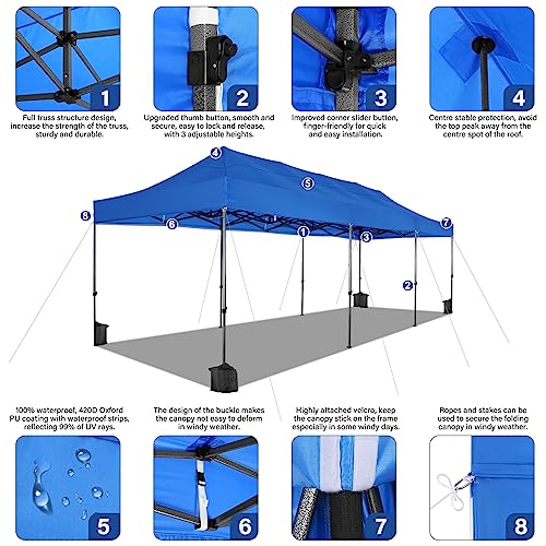 COBIZI 10x30 Heavy Duty Pop Up Canopy Tent with 8 Sidewalls Thicken Frame, Commercial Easy Up Outdoor Wedding Party Tents, All Season Waterproof Windproof with Stakes Sandbags Ropes Roller Bag, Blue - color: Blue, size: 10x30