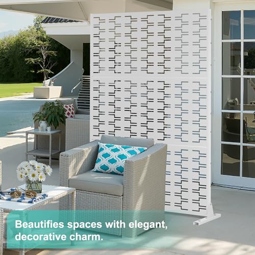 Modern Metal Privacy Screen, Patio Outdoor Privacy Panels with Stand, Freestanding Outdoor Divider for Yard, Deck＆Garden(71.3"*47.3"*15.7") - color: White,Brick