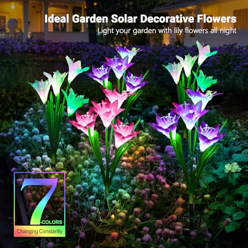 WdtPro Solar Lights Outdoor Garden Decorative 6 Pack, Waterproof Solar Garden Lights with 24 Lily Flowers, Color Changing LED Solar Powered Landscape Lights for Outside Yard Patio Decor,Gifts - size: 6