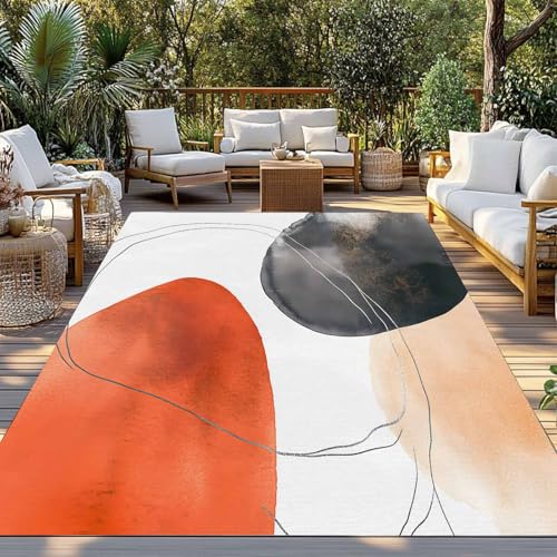 Outdoor Rug 6x9ft, Orange Color Block Abstract Geometric Indoor Area Rug for Patio Backyard Deck Large Floor Mat, Boho Nordic Style Non-Slip Outside Carpet Balcony Porch Camping Rugs Picnic Mat - size: 6' x 9' (Rectangular)