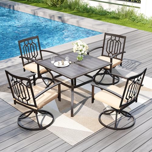PHI VILLA 5 Pieces Outdoor Dining Set for 4, 37” Square Wrought Iron Table with Mesh Tabletop & Swivel Metal Steel Chairs with Cushions, Outside Furniture Set for Patio, Porch, Deck, Backyard - color: Hexagon Back Swivel Chair, size: 5PCS-37" Mesh Top Tab