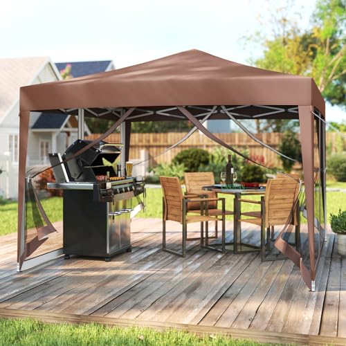 Tangkula 10x10 Ft Pop Up Canopy with Netting, Easy Up Outdoor Tent with Mesh Sidewalls, Carrying Bag, Adjustable Height, Portable Canopy Tent for Parties Events Camping Travel - color: Brown