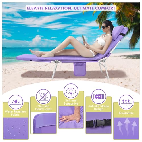 3 in 1 Women Comfort Backpack Beach Tanning Lounge Chair with Cushion Face Hole Softer Padded Adjustable Washable, Folding Layout Sun Chair for Adults Outside Reading Sunbathing Poolside, 6 Position - color: Purple / 1 Pack
