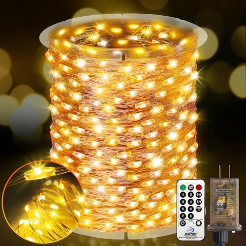 KNONEW 400FT Outdoor Christmas Fairy Lights Plug in,1200 LED String Lights Outdoor Waterproof 8 Modes Memory Times for Wedding Bedroom Walls Garden Trees Decoration(Warm White) - color: Warm White, size: 400FT 1200 LED Copper-colored wire