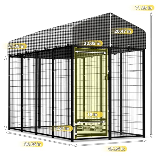 Large Outside Dog Kennel, Outdoor Dog Run Enclosure 8'x4'x6'（Including the roof） Dog Pen House with Roof Cover Heavy Duty Welded Wire Steel Dog Playpen Animal Fence with Feeding Door