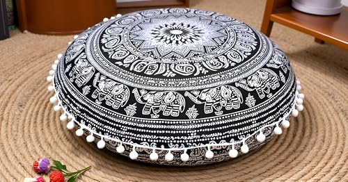 ICC Floor Pillows & Cushion Covers, Decorative Hippie Mandala Pouf Pillow Cover Bohemian Seating Meditation Cushion Cover, Large Boho Ottoman Case Pillowcase for Couch Black Elephant, 32" Round - size: 32" x 32" (Pack of 1), style: Black Elephant