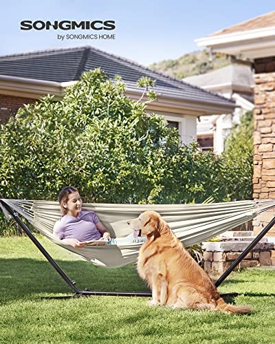 SONGMICS Double Hammock, 98.4 x 59.1 Inches, 660 lb Load Capacity, with Compression Bag, Mounting Straps, Carabiners, for Terrace, Balcony, Garden, Outdoor, Camping, Beige UGDC15M - color: Beige