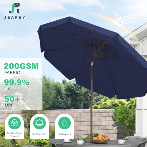 JEAREY 9 FT Patio Umbrella Outdoor, Table Umbrellas Market Umbrella w/Push Button Tilt/Crank, 8 Sturdy Ribs(Navy Blue) - color: Navy Blue