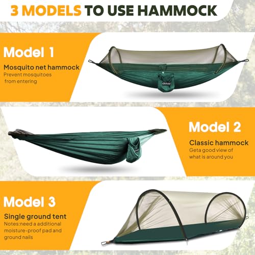 Chihee Ultra-Light Travel Camping Hammock Pop-up Net Hammock 660lbs Load Capacity,Breathable,Quick-Drying Parachute Nylon 2 Premium Carabiners,2 Tree Slings Included for Outdoor Backpacking Hiking - color: Dark Green