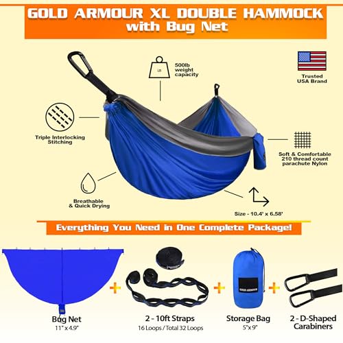 Gold Armour Camping Hammock with Bug Net - XL Double Hammock Portable Hammock Camping Accessories Gear Mosquito Bug Net Set for Outdoor Indoor, USA Based Brand (Blue & Gray)