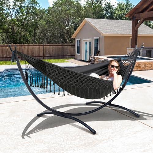 SUNCREAT Portable Outdoor Hammock with Stand Included, Double Hammock with Tassel for Outside, Dark Gray - color: Tassel-dark Gray