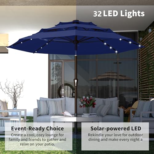 Kingdura 9ft 3-Tier Patio Umbrella with Solar Lights, Table Umbrella Outdoor Patio with Easy Crank & Tilt, 8 Sturdy Ribs, UV Protection, 32 LED Lights for Deck, Poolside, Market (Navy blue) - color: Blue-LED, size: 9 FT
