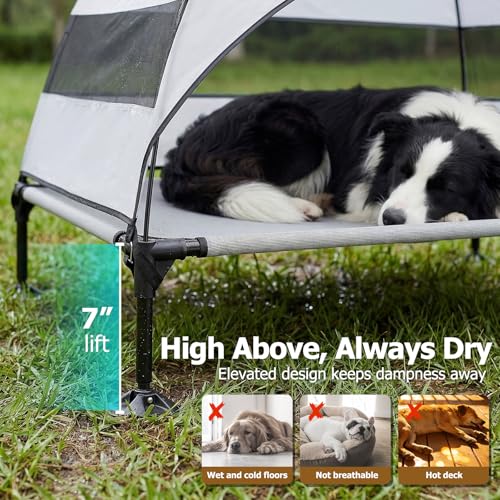 Elevated Dog Bed with Upgraded Canopy, Raised Outdoor Dog Tent with Powerful Anti-Slip Feet, Portable Pet Cot with Larger Shade, Raised Cooling Bed for Camping, Backyard, Beach, Poolside - color: Gray, size: Large: 42.0"L x 30.0"W x 33.0"Th