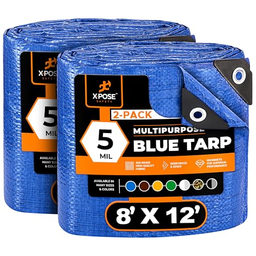Better Blue Poly Tarp 8' x 12' (2-Pack) - Multipurpose Protective Cover - Lightweight, Durable, Waterproof, Weather Proof - 5 Mil Thick Polyethylene - by Xpose Safety - color: Blue, size: 8 Feet x 12 Feet (2pk)