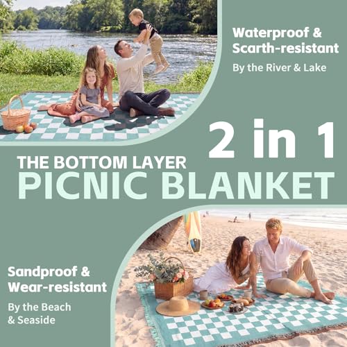 2 in 1 Extra Large Boho Beach Blanket Towel Picnic Camp Mat Family Beach Trip Essentials Summer Vacation Must Have Travel Accessories Lake Day Necessities Stuff Thing Need Gear Gift Item Gadget 2026 - color: Checkered Aqua