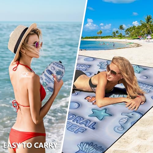 WIWIGO Beach Blanket Waterproof Sandproof Beach Mat 79" X 83"/10'x9'for 2-8 Adults Quick Drying Outdoor Picnic Mat Beach Accessories for Travel, Camping, Hiking - color: 3d - Ocean Light Blue, size: 79" X 83"（1-4person）