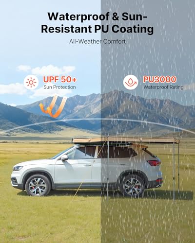 VEVOR 270 Degree Awning, 52 sq.ft Driver Side Vehicle Awning, Waterproof UV50+ Car Side Awnings with Carry Bag, All-Weather Free-Standing Overland Awnings Car Shelter for SUV Van Truck Camping - color: Khaki 270° 10.5*5.3ft Car Awning
