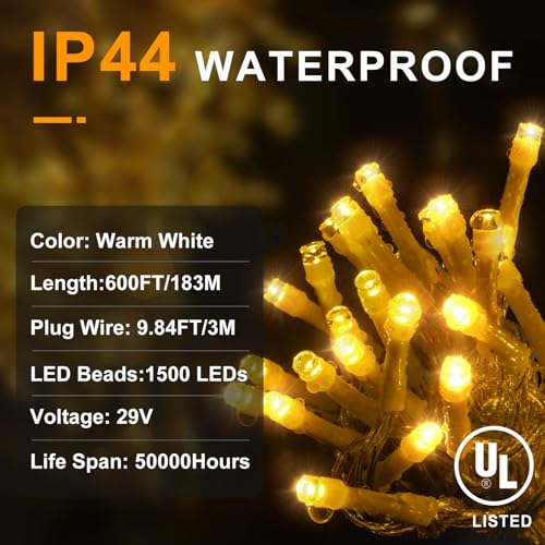 KNONEW 600ft 1500 LED Christmas String Lights Outdoor 8 Lighting Modes & Timer Dimmable Fairy Light Plug in Waterproof for Xmas Roof Yard Tree Wedding Party Holiday Decorations (Warm White) - color: Warm White, size: 600FT 1500 LED