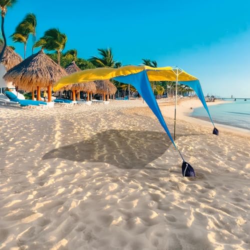 Shark FIN Shade Beach Tent Wind Sun Canopy Portable Easy Set Up UPF 50+ No Assembly Required 3-30 MPH - 1 to 8 People - Tie Downs Included - 2 Sizes Large 9' X 10' & Giant 13.5' X 10' PATENTS Pending - color: XL Blue and Yellow