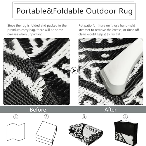 famibay Round Outdoor Rugs for Patios, 6 Ft Round Outdoor Rug Waterproof Round Patio Rug Outdoor Plastic Straw Rug Lightweight Portable Boho Outdoor Carpet Mats for Patio Backyard Camping Porch - color: Black/White, size: Round 6ft