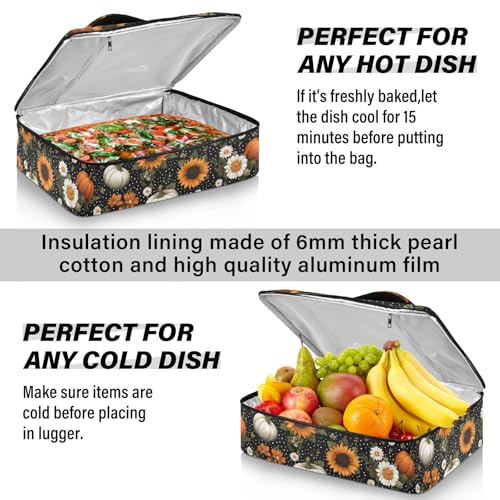 Casserole Carriers for Hot or Cold Food Reusable Casserole Dish Carrier Insulated Thermal Large Capacity Durable Perfect for Party Camping Family Gatherings Yellow Fish - color: Black Dotty Pumpkins Sunflowers Daisy