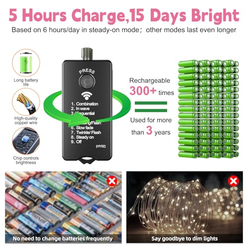 HXWEIYE Rechargeable Fairy Lights with Remote, 2 Pack 33ft 100LED Twinkle Lights with DIY Timer & Light Sensor, Waterproof Outdoor String Lights for Bedroom Patio Christmas Tree Decor, Pink - color: Pink, size: 100 LEDs - 2Pack