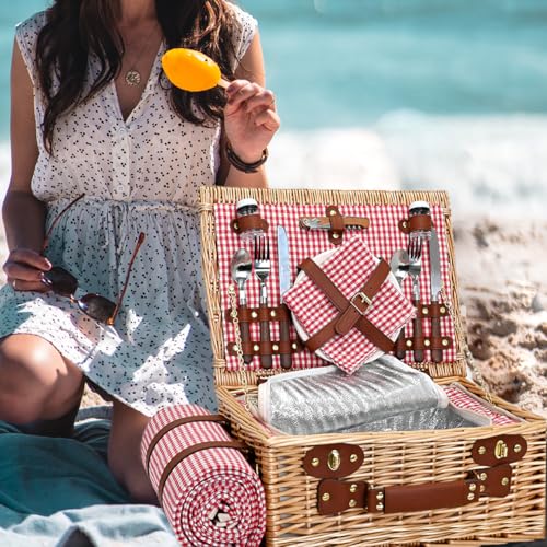Picnic Basket with Blanket and Wine Pouch for 2, Wicker Picnic Set with Insulated Liner Cooler Bag Hamper for Camping,Wedding - Red Gingham - color: Red Gingham With Blanket for 2
