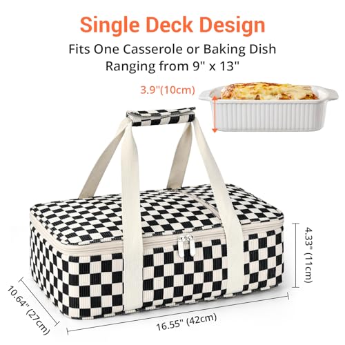 Insulated Casserole Carrier for Hot or Cold Food,Pie Carrier Bag Lunch Bag Tote for Potluck Parties/Picnic/Cookouts, Fits 9"x13" Baking Dish,Single Corduroy Black Checkered Pattern - color: Corduroy black checkered pattern, size: Single Layer