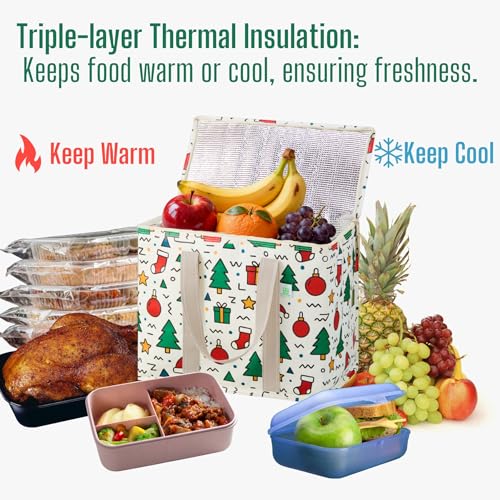 VENO 2 Pack Cooler Bag, Insulated Grocery Bags for Food Delivery, Collapsible Cooler, Reusable Shopping Bags for Groceries, Hard Bottom, Water Resistant, Zippered, Foldable (Jingle Mix, 2 Pack) - color: Jingle Mix, size: 15.7"W x 12.6"H x 8.7"D - 2 Pack