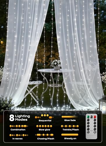 Brightown Curtain String Lights, Hanging Fairy Lights with Remote, 8 Modes, Waterproof Window Lights for Bedroom Backdrop Wedding Outdoor Christmas Party, White, 300LEDs - color: White, size: 300LED