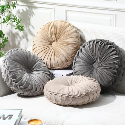 Kathfly Set of 4 Decorative Round Pleated Throw Pillows, Classy Velvet Pumpkin Round Throw Pillows, Decorative Floor Pillow for Bed Chair Home Sofa Decor, 14" Diameter(Multicolor) - color: Multicolor
