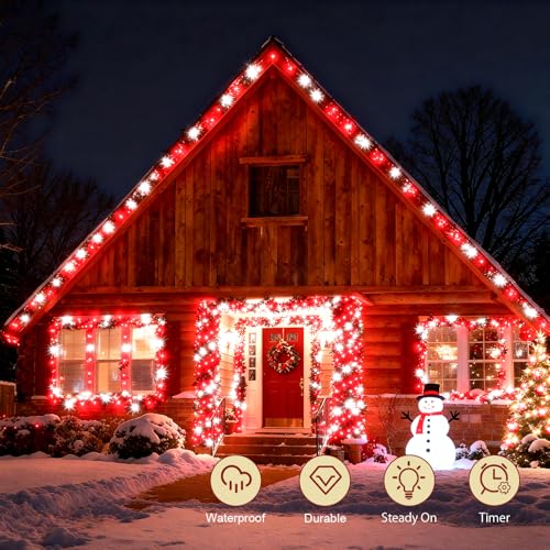 cshare Red and White Christmas Lights Outdoor Battery Operated, Chrristmas String Lights with Timer Waterproof Clear Wire for Indoor & Outdoor Christmas Decorations Garland Party Garden - color: Red and White