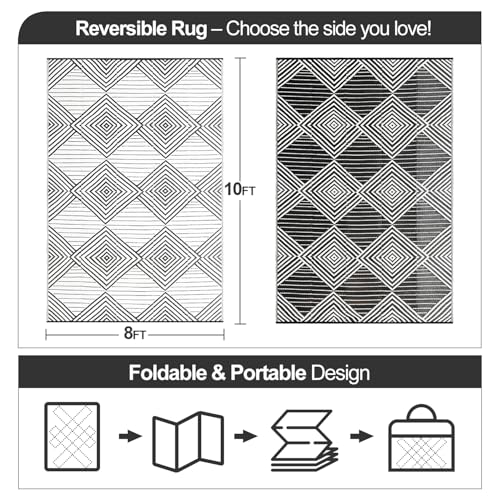 DiiKoo Waterproof Outdoor Rug 8x10ft, Foldable Reversible Plastic Straw Mat for Patio RV Deck Porch Backyard Balcony Camping Picnic Beach Indoor Outdoor, Black&White