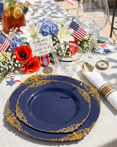 Nervure 350Pcs Blue Plastic Plates - Blue Gold Plastic Dinnerware Sets for 50 Guests - 100 Navy Gold Disposable Plates, 50 Pre Rolled Silverware, 50 Cups Perfect for Wedding & Party - color: Navy Blue and Gold