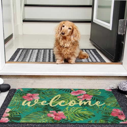 Arttown Summer Monstera Palm Leaf Door Mat, 17x30 Tropical Camouflage Gray Welcome Doormat Decorative Home Floor Mat, Non Slip Rubber Back and Strong Water Absorption for Outdoor Indoor Entrance Decor - color: Palm Hawaiian Leaves