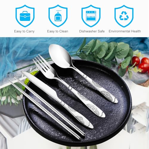 20PCS Premium Travel Utensils With Case, Stainless Steel Reusable Portable Utensils Set With Case, Lengnoyp Travel Silverware Set With Case for Lunch Box Camping, Silver - color: Thin Red blue green black