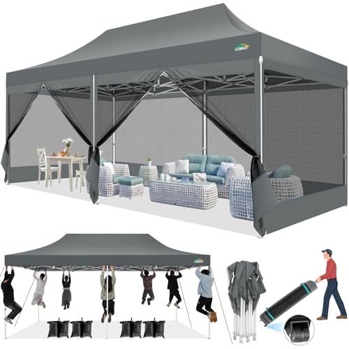 COBIZI 10x20 Canopy Tent with 6 Sidewalls,Heavy Duty Pop up Canopy with Mosquito Netting,Easy up Screen Tent for Parties Wedding Outdoor Patio with Roller Bag,Gray - color: Gray, size: 10x20ft(standard)