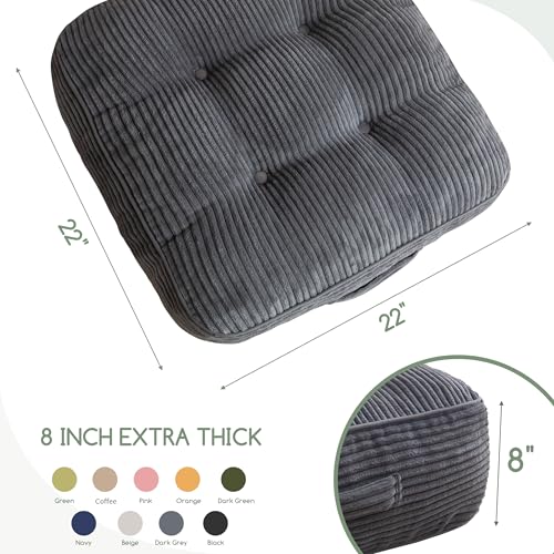 HIGOGOGO 8" Extra Thick Floor Pillow Cushion for Adults, Meditation Cushion Pillow, Large Square Floor Sitting, Tufted Corduroy Cover, for Tatami Living Room or Yoga, 22x22 Inch, 2Pack, Dark Grey - color: Square Dark Grey, size: 8" Thick(Pack of 2)