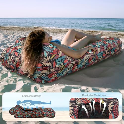 Inflatable Couch Air Lounger for Adults, Ultralight Portable Blow up Couch Air Sofa, Inflatable Beach Lounger Bed for Camping Hiking Festival Backyard Lawn, No Pump Required - color: Tropical Red