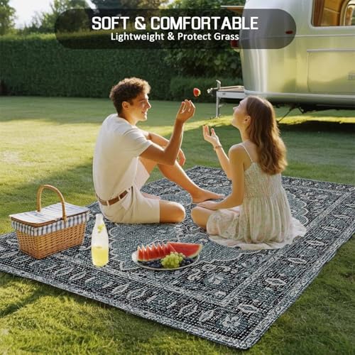 Outdoor Rug 4x6ft, Boho Traditional Flower Indoor Area Rug for Patio Backyard Deck Large Floor Mat, Retro Tribal Ethnic Abstract Style Non-Slip Outside Carpet Balcony Porch Camping Rugs Picnic Mat - color: Cadetblue, size: 4' x 6' (Rectangular)