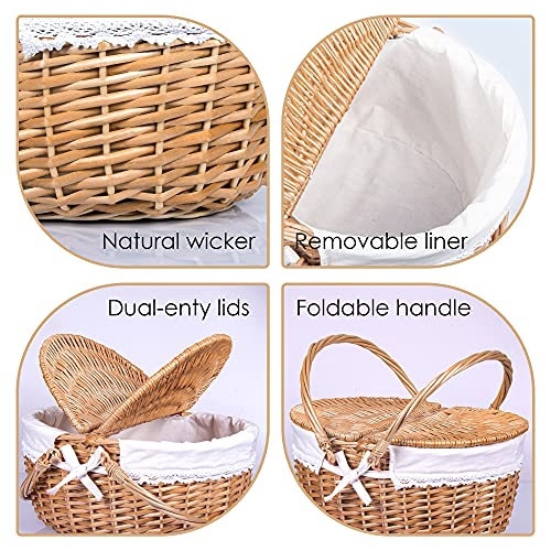 Wicker Picnic Basket with Lid and Handle 15" Sturdy Woven Body with Washable Lining for Easter,Mother's Day,Outdoor Camping,Not Dyed - color: Solid