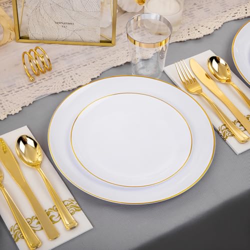 Supernal 350pcs White and Gold Plastic Plates,Gold Plastic Dinnerware for 50 Guests Include 100 White Disposable Plate, 150 Gold Silverware Set, 50 Disposable Cups, 50 Napkins - color: 350pcs White Plastic Plates with Gold Rim