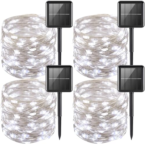 YEGUO 4 Pack White Solar Fairy Lights, Each 33ft 100 LED Christmas Lights Outdoor Waterproof, 8 Modes Sliver Wire Solar String Lights - color: White